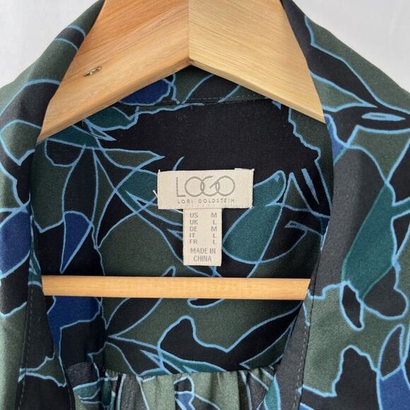LOGO Lori Goldstein Sz M Floral Stretch Woven Button Up Blouse Long Sleeve Green - Picture 4 of 6